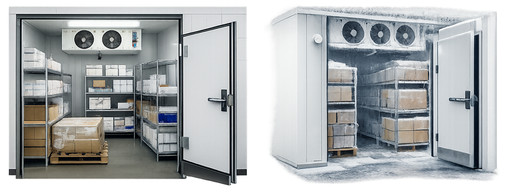 Real pharmaceutical cold room and walk-in freezer installations showing insulated panel construction, sealed access doors, shelving or pallet storage, and evaporator cooling units.