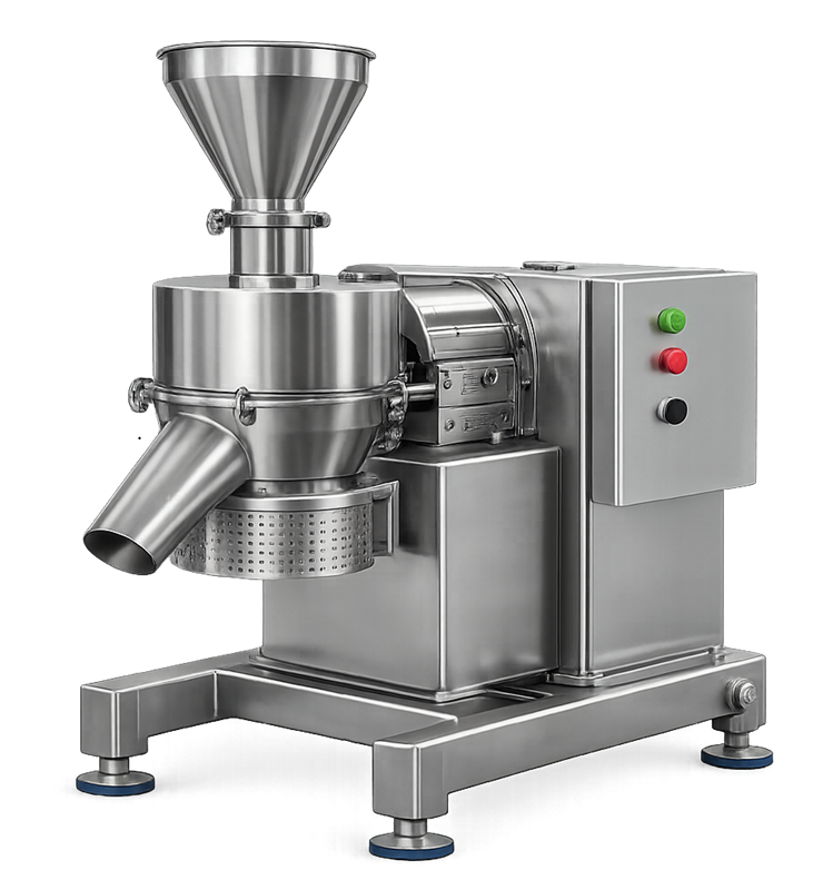 High-speed comminuting mill used for fine particle size reduction in pharmaceutical powder processing.