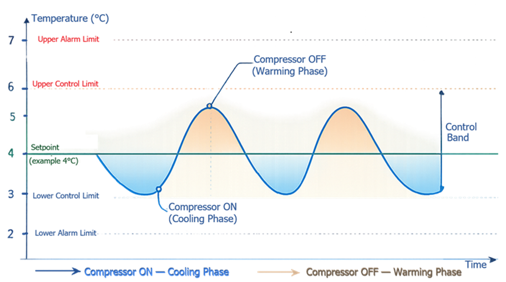 Temperature versus time graph showing cyclic temperature fluctuations around a refrigerator setpoint caused by compressor on and off control, illustrating the cooling phase and warming phase within the control band.