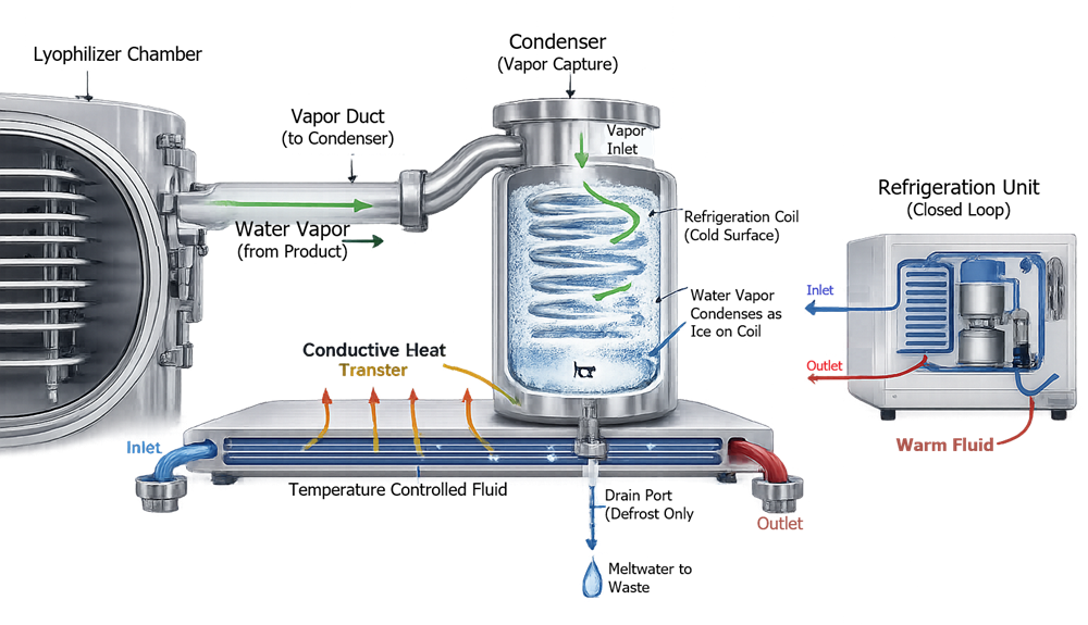 Diagram of vapor flow from chamber to condenser with ice accumulation on condenser surface.