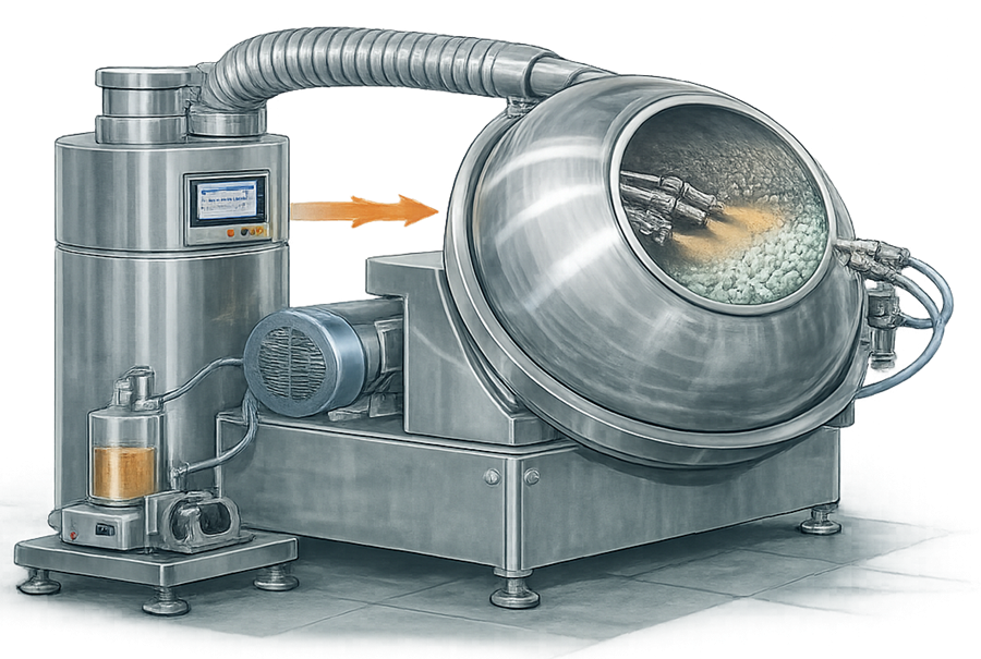 Conventional pharmaceutical coating pan showing rotating non-perforated drum with spray guns applying coating solution to tumbling tablets while heated air supports drying.