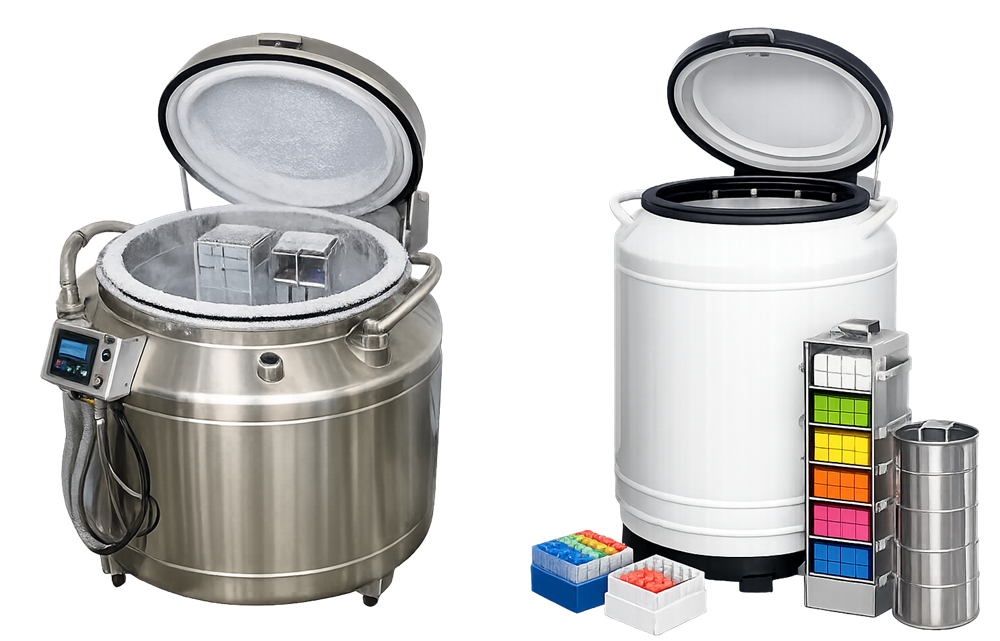 Real liquid nitrogen cryogenic storage dewars with open lids showing storage racks and canisters used for cryogenic preservation of biological samples.