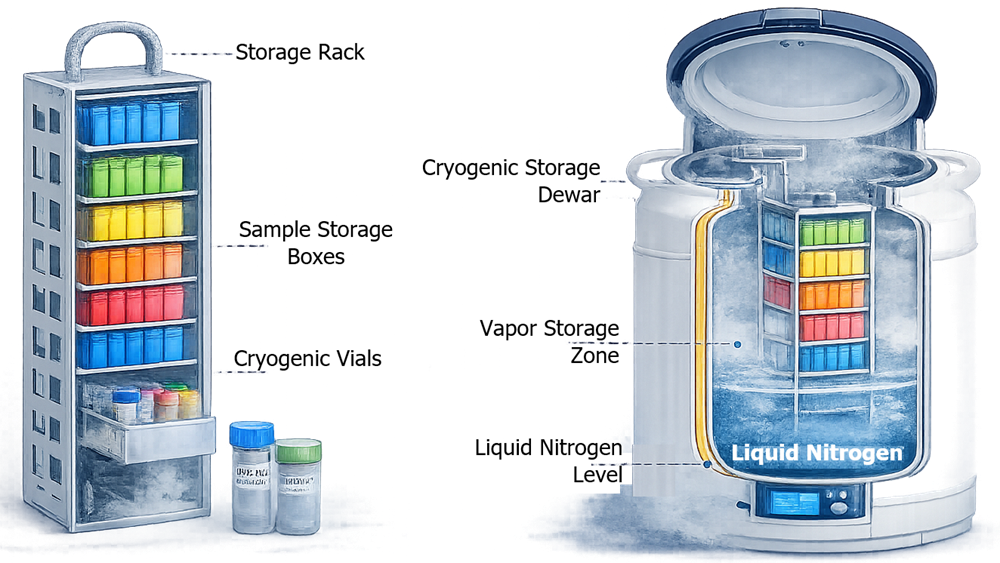 Cryogenic storage rack with stacked canisters and sample boxes used for organized storage of biological samples in liquid nitrogen dewars.