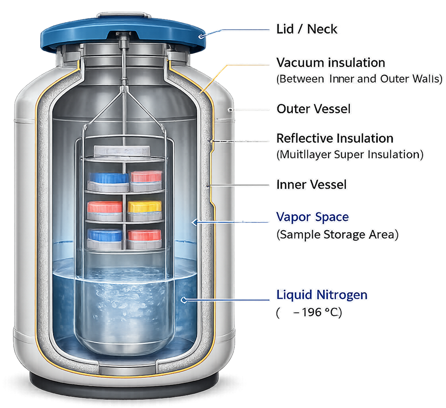 Technical cross-section diagram of a cryogenic storage dewar showing inner vessel, outer vessel, vacuum insulation space, multilayer insulation, and liquid nitrogen storage region.