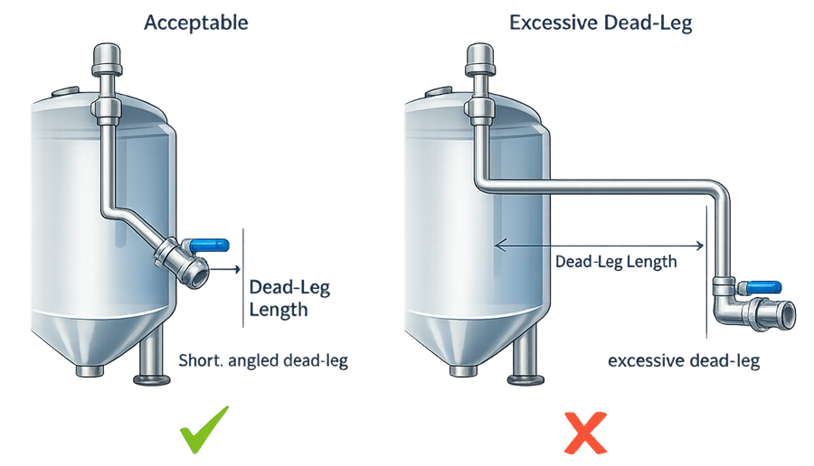 Comparison diagram showing acceptable and excessive dead-leg piping configurations connected to a pharmaceutical process vessel.