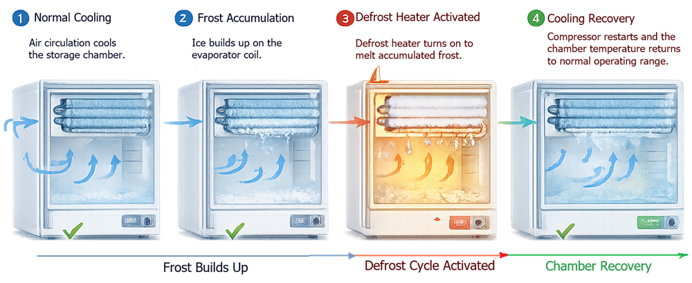 Diagram showing evaporator coil frost accumulation and automatic defrost cycle in a laboratory freezer, including heater activation, temporary temperature increase inside the storage chamber, and cooling recovery after defrost.