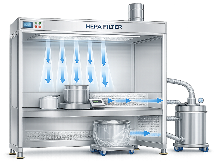 Airflow containment diagram showing downward HEPA-filtered airflow and dust capture inside a pharmaceutical dispensing booth.