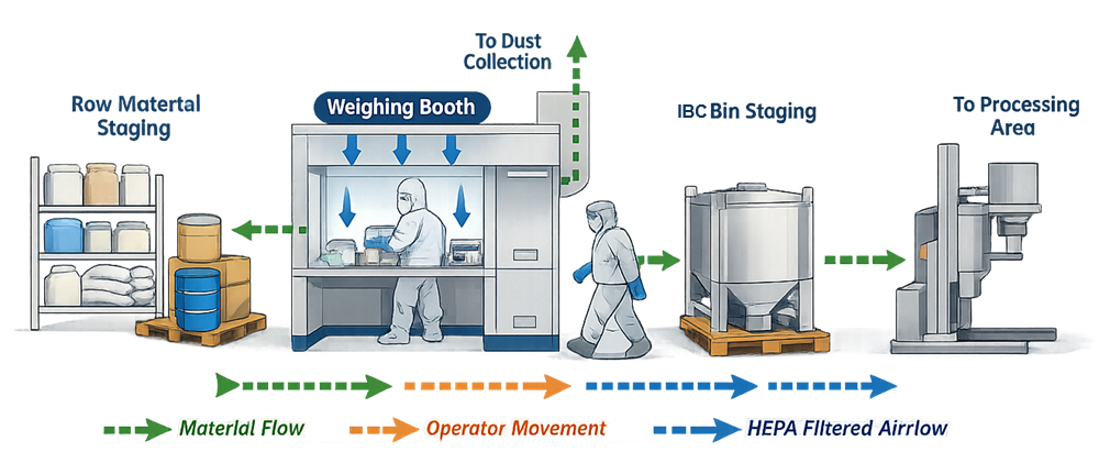 Pharmaceutical dispensing suite layout showing weighing booth, raw material staging area, dust collection interface, and material transfer to downstream processing equipment.