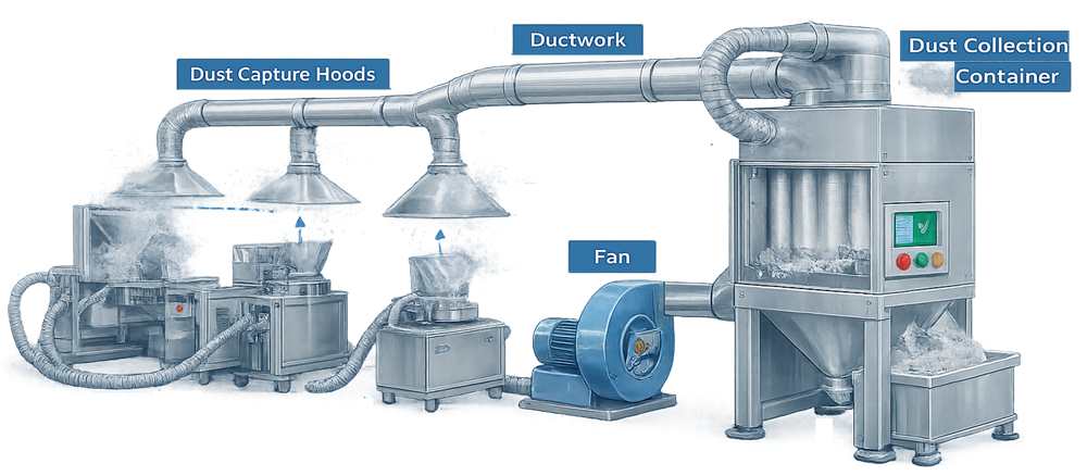 Dust collection system architecture showing capture hoods, ductwork, fan, filtration unit, and dust collection container used in pharmaceutical manufacturing.