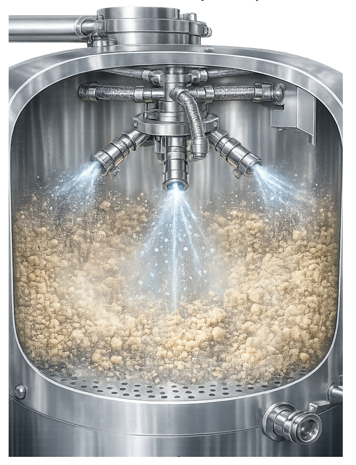 Spray nozzle assembly inside pharmaceutical fluid bed granulator used for binder addition during granulation.