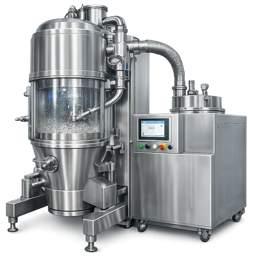 Fluid bed granulator used in pharmaceutical manufacturing showing fluidized particle chamber and spray granulation system.