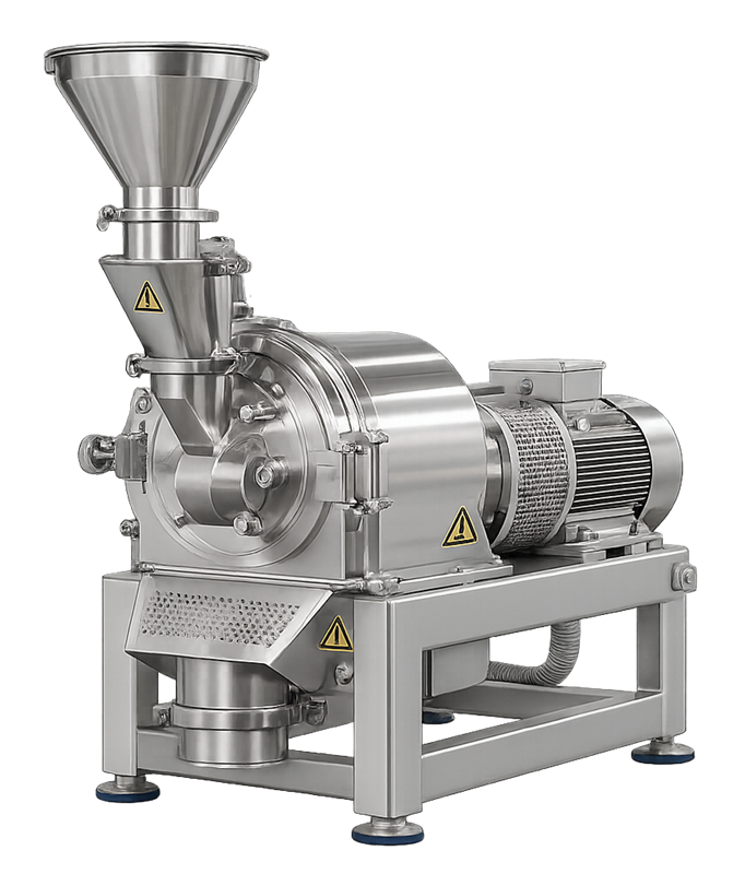 Pharmaceutical hammer mill used for impact-based particle size reduction of powders and granules.