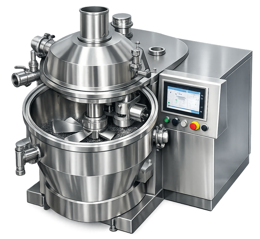 Pharmaceutical high-shear granulator used for wet granulation showing mixing bowl with impeller and chopper system.