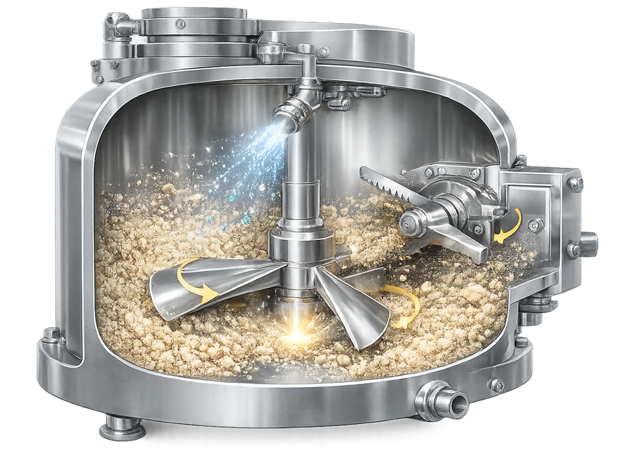 Interior view of pharmaceutical high-shear granulator showing impeller and chopper mixing blades.
