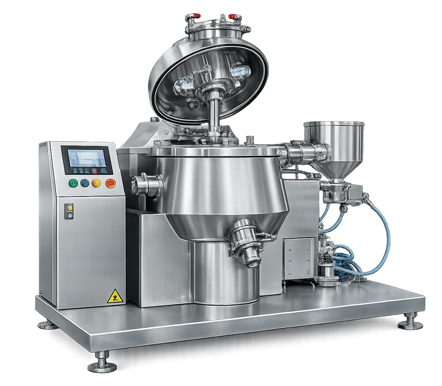High-shear pharmaceutical mixer used for wet granulation and intensive powder mixing.