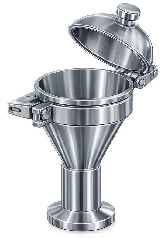 Stainless steel ingredient addition funnel with hinged sanitary lid and tri-clamp connection, used on pharmaceutical process vessels for controlled addition of powders or liquids while maintaining hygienic conditions.