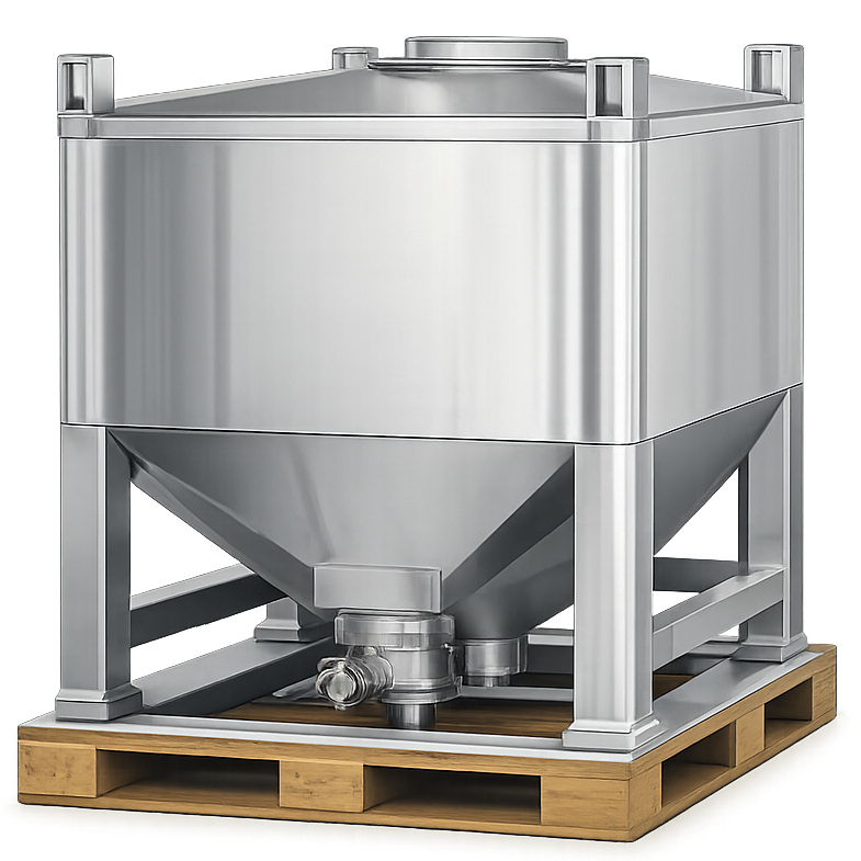 Stainless steel intermediate bulk container used for transferring pharmaceutical powders between processing steps.