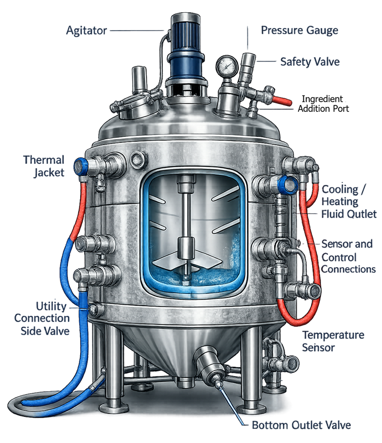 Jacketed reactor vessel configuration showing agitator, external thermal jacket, heating and cooling fluid inlet and outlet connections, pressure gauge, safety valve, ingredient addition port, temperature sensor, instrumentation connections, and bottom discharge valve used for controlled pharmaceutical processing.