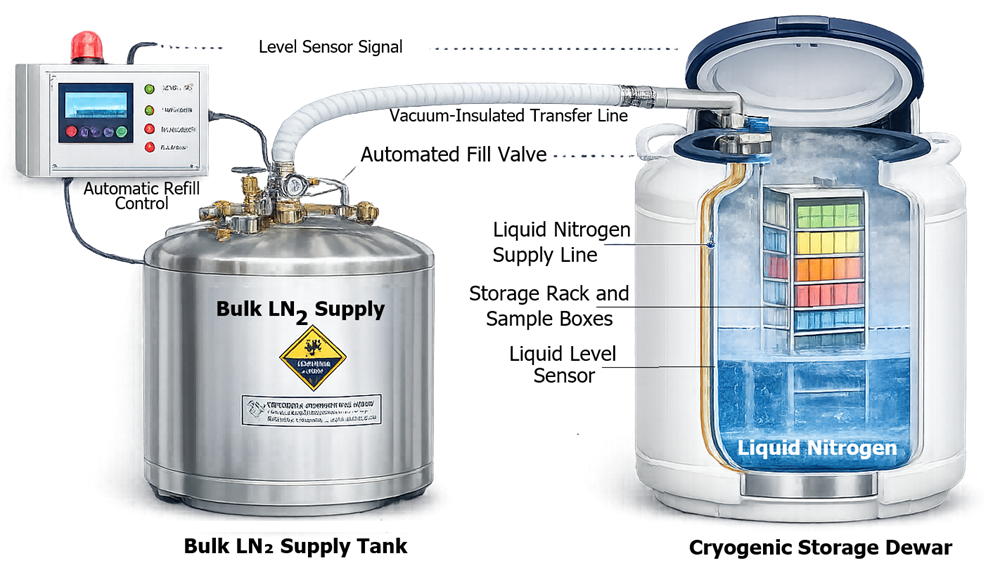 Cryogenic storage room diagram showing oxygen sensor installed on wall, alarm beacon, ventilation system, and cryogenic storage vessels used to detect oxygen deficiency hazards.