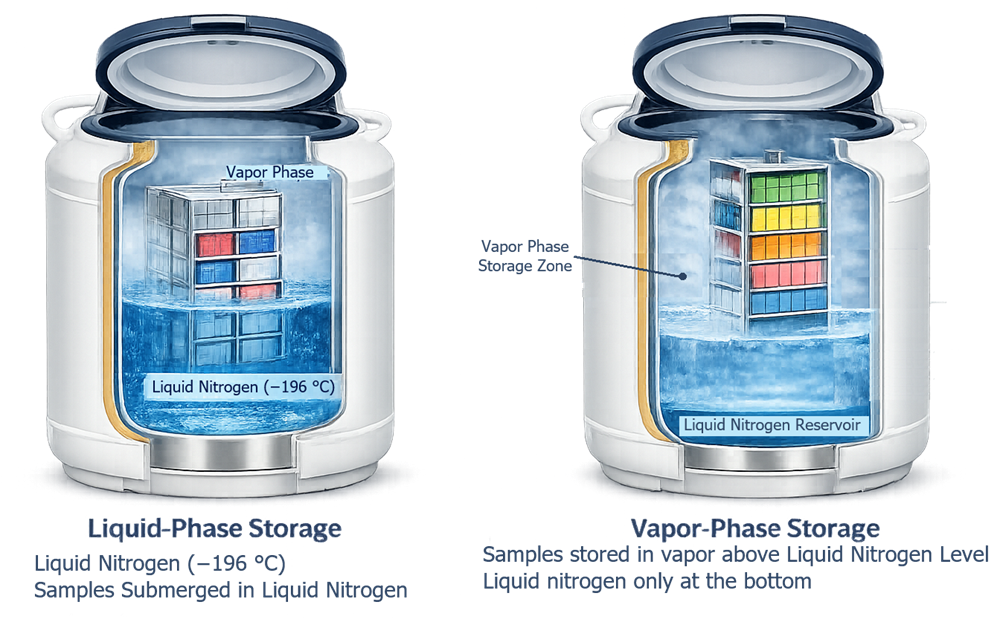 Diagram comparing liquid-phase storage where samples are submerged in liquid nitrogen and vapor-phase storage where samples are suspended above the liquid nitrogen surface in the cold vapor zone.