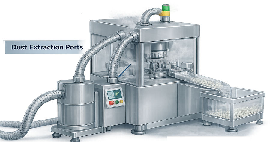 Tablet press with integrated dust extraction ports connected to a dust collection system capturing particulate generated during tablet compression.