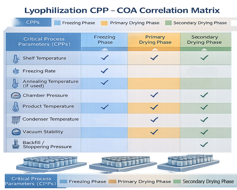 Matrix diagram linking critical process parameters to critical quality attributes across lyophilization phases.