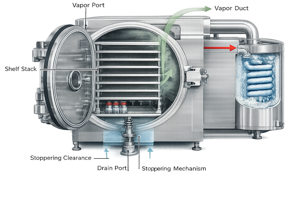 Cross-sectional view of lyophilizer chamber showing shelf stack, vapor outlet, and door seal.