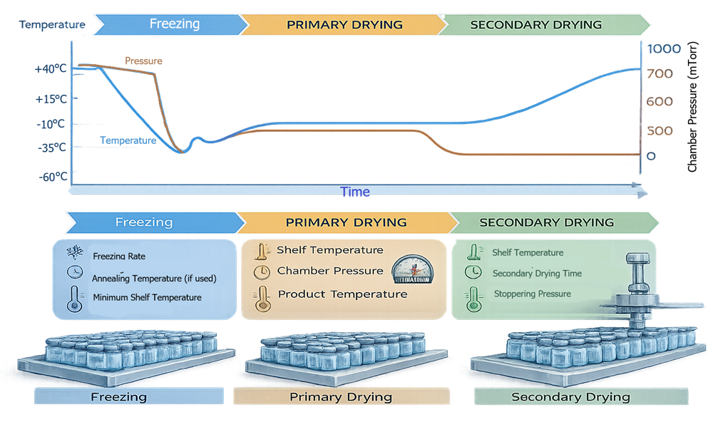 Cycle diagram showing freezing, primary drying, and secondary drying phases with temperature and pressure profiles over time.