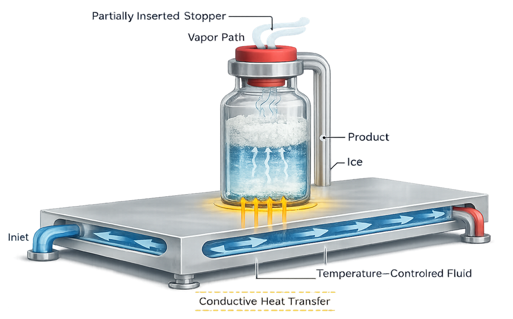 Diagram illustrating conductive heat transfer from lyophilizer shelf to vial during drying.