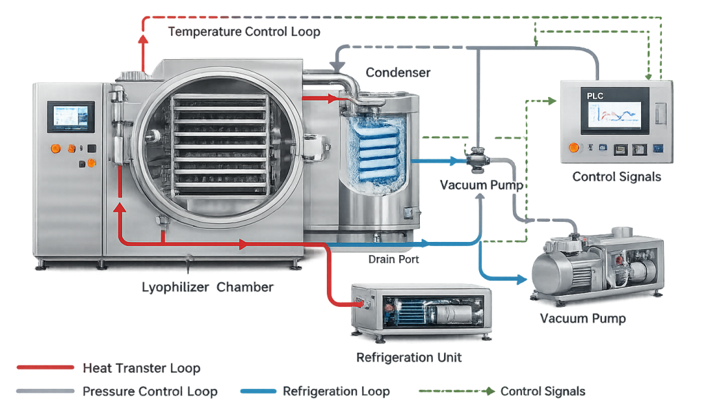 Functional block diagram of lyophilization system showing chamber, condenser, refrigeration unit, and vacuum pump.