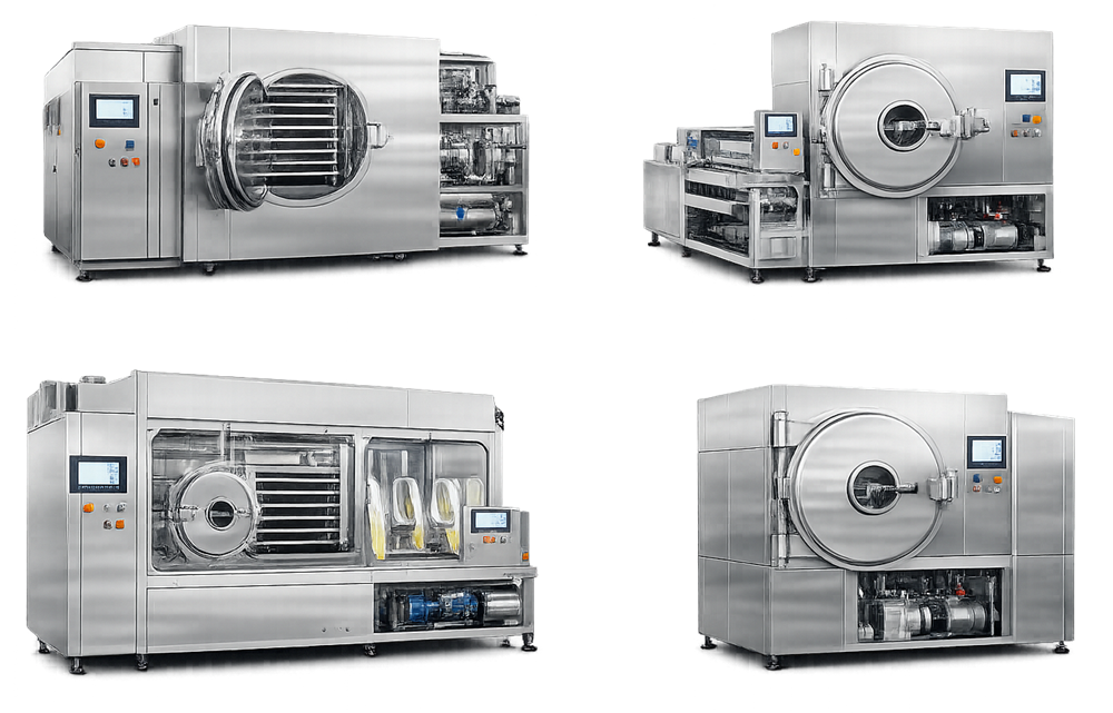 Production-scale stainless steel pharmaceutical lyophilizer with integrated control panel and vacuum-refrigeration modules.