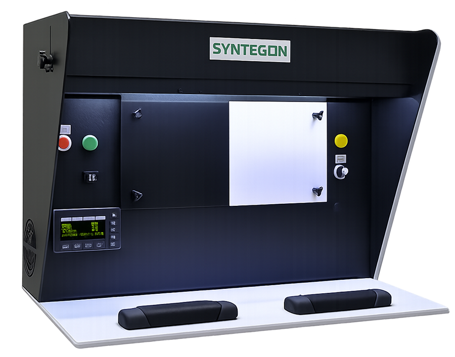 Manual pharmaceutical inspection station with operator visually examining tablets under controlled lighting conditions during sampled product inspection.