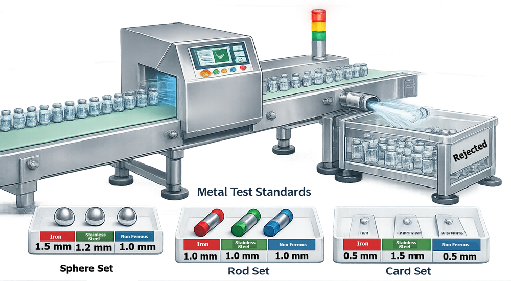 Metal detector challenge testing using calibrated ferrous, non-ferrous, and stainless steel test samples to verify detection capability.