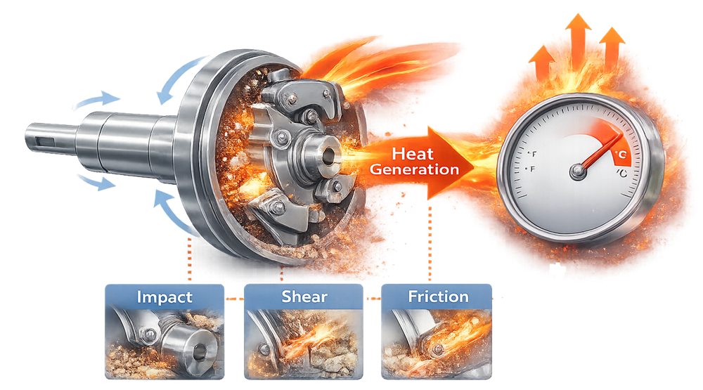 Concept diagram showing heat generation during pharmaceutical milling and its effect on powder temperature.