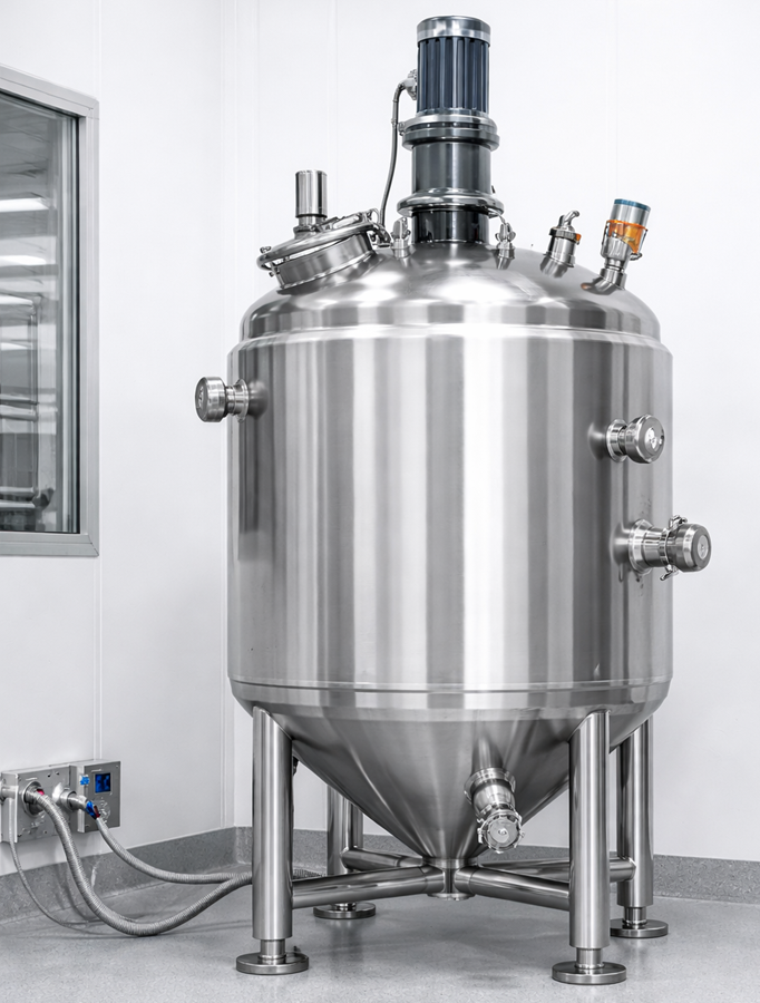 Stainless steel pharmaceutical mixing vessel with top-mounted agitator and sanitary ports used for formulation.