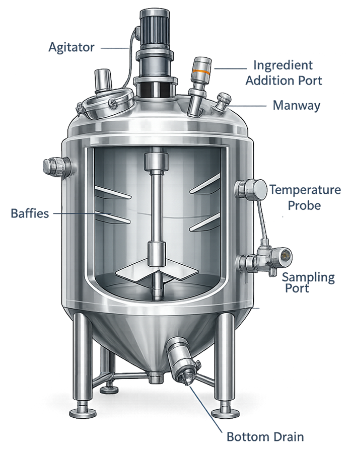 Diagram of pharmaceutical mixing vessel showing agitator, baffles, manway, sampling port, temperature probe, and bottom drain.