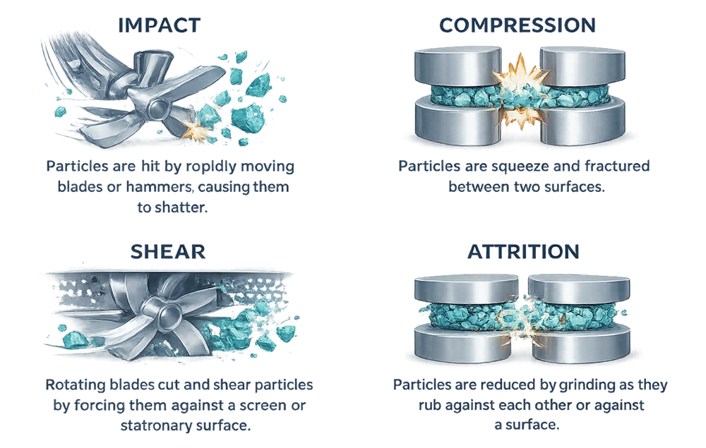 Diagram showing particle size reduction mechanisms including impact, shear, and compression during pharmaceutical milling operations.