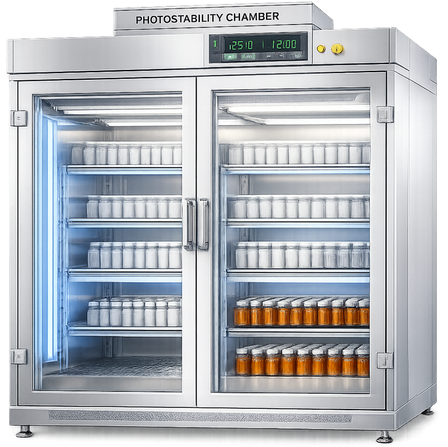 Pharmaceutical photostability chamber with glass doors, internal shelving for stability samples, and integrated visible and ultraviolet light sources used for ICH Q1B photostability testing.