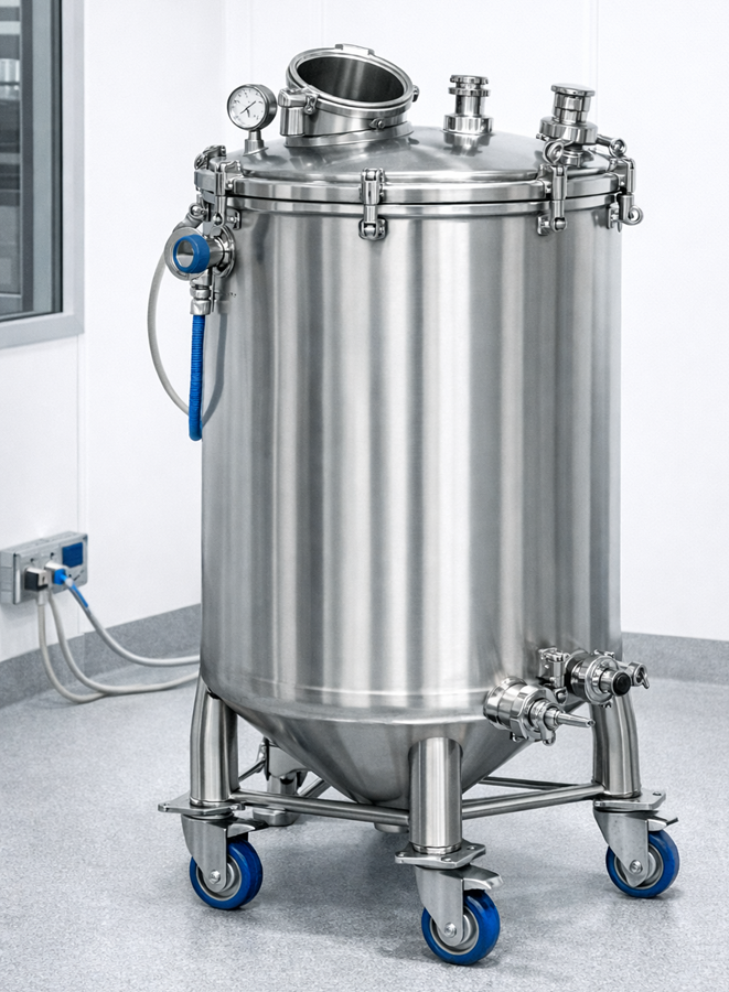 Portable stainless steel pharmaceutical tank mounted on wheeled frame used for intermediate material transfer.