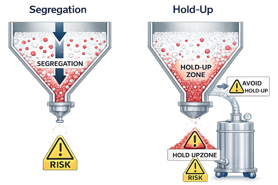 Diagram showing powder segregation and material hold-up risks in pharmaceutical powder transfer systems.