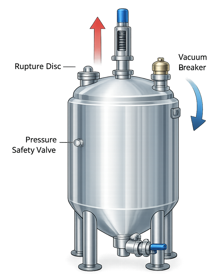 Diagram showing pressure relief valve and vacuum breaker installed on a pharmaceutical process vessel.