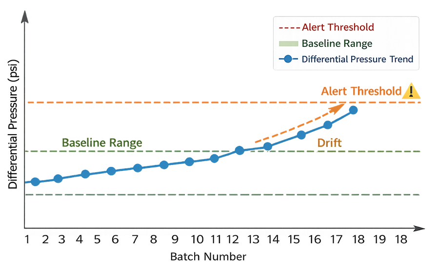 Trend chart displaying differential pressure or integrity test results across multiple batches with baseline range, alert threshold, and indication of performance drift in a validated filtration process.