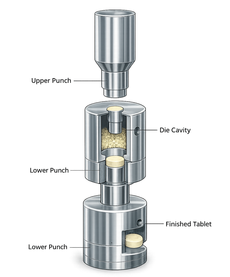 Tablet press tooling assembly showing upper punch, lower punch, and die cavity used to form tablets.