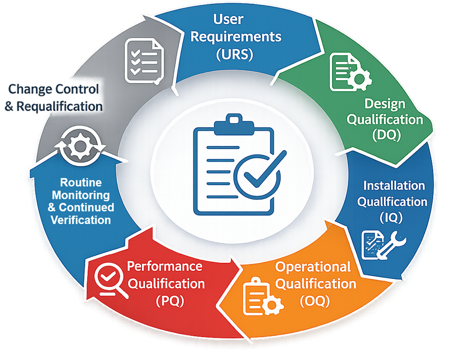 Qualification lifecycle for pharmaceutical inspection equipment including installation qualification, operational qualification, and performance qualification.