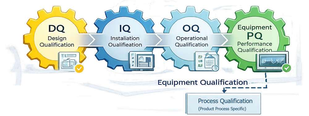 Lifecycle diagram showing DQ, IQ, OQ, and equipment PQ sequence for lyophilization system qualification.