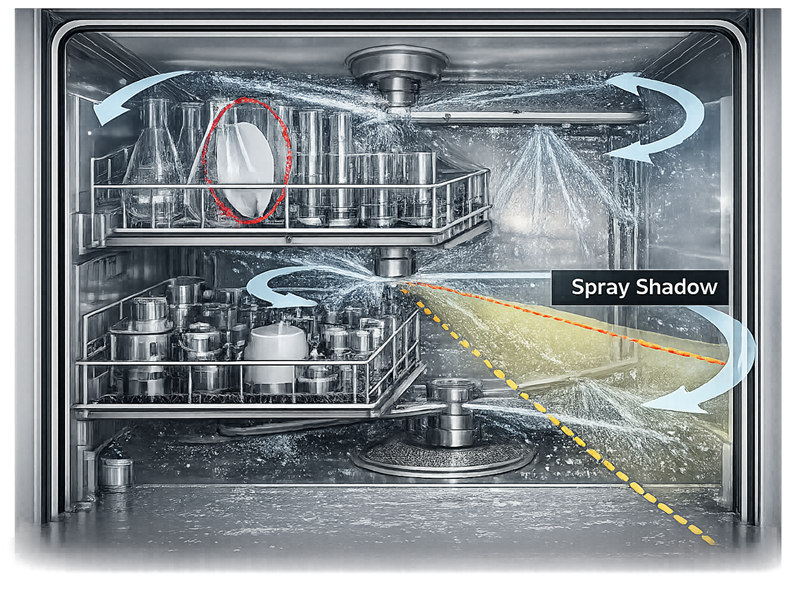 Comparison of correct and incorrect rack loading in a parts washer showing how stacked components can block spray coverage and create shadowed cleaning areas.