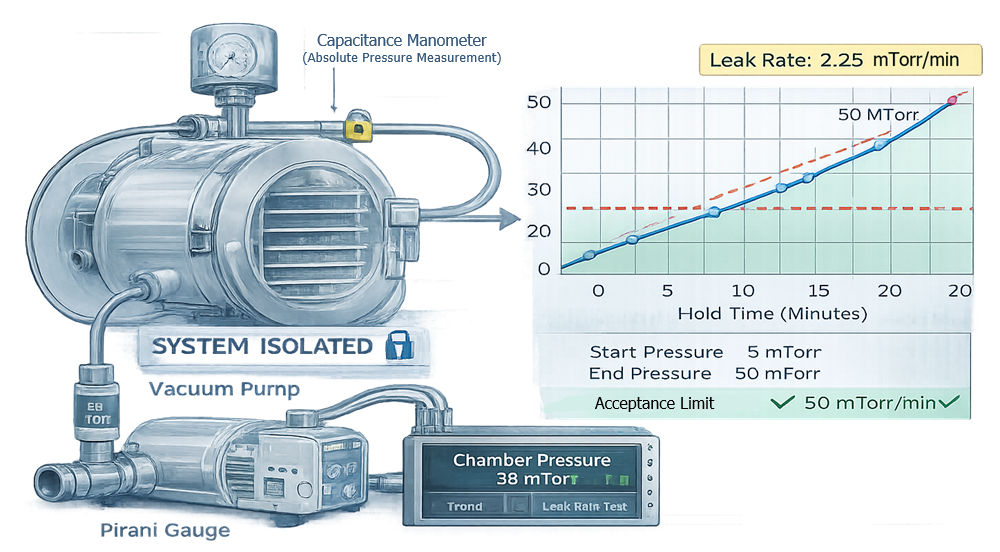 Diagram illustrating rate-of-rise leak test showing isolated chamber and pressure increase over time.