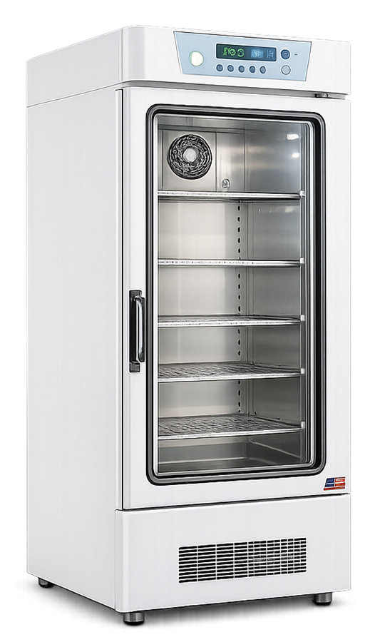 Pharmaceutical reach-in stability chamber with stainless steel interior shelves, temperature and humidity control panel, circulation fan, and environmental monitoring sensors. 