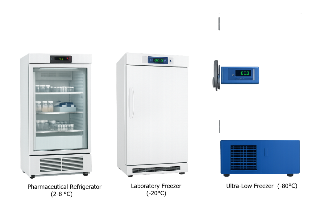 Real pharmaceutical storage equipment including a 2–8 °C laboratory refrigerator, a −20 °C laboratory freezer, and an ultra-low −80 °C freezer used for controlled storage of drugs, reagents, and biological samples in regulated environments.