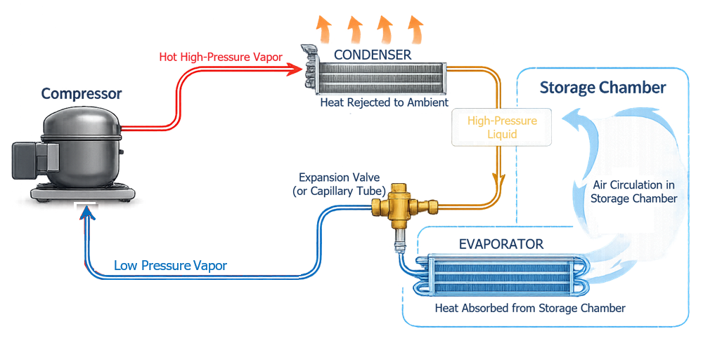Simplified refrigeration cycle diagram showing compressor, condenser, expansion valve, and evaporator coil used in laboratory refrigerators and freezers.